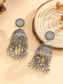 一对传统波西米亚风水钻镶嵌大铃铛圆珠长流苏耳环，适合女性和女孩日常、节日、婚礼和派对佩戴/珠宝礼品 - 經典的 - 查看 5