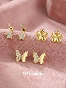 3pairs Sweet Beautiful Stylish Pave Zirconia Butterfly, Five-Pointed Star, Five-Petal Flower Stud Earrings For Street Party Dates Vacation Daily Wear Jewelry Accessory For Anniversary Valentine's Day Gift - Gold - View 1