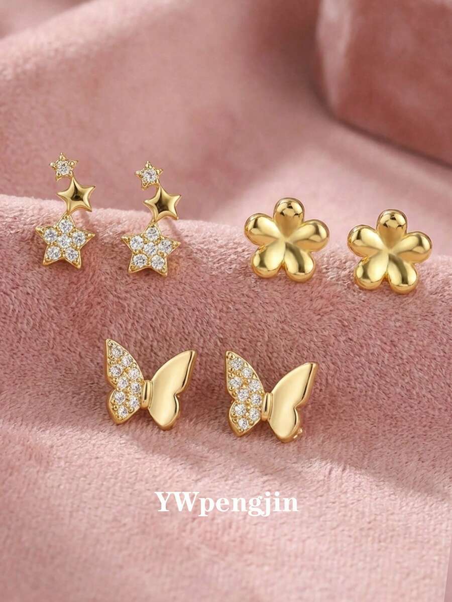 3pairs Sweet Beautiful Stylish Pave Zirconia Butterfly, Five-Pointed Star, Five-Petal Flower Stud Earrings For Street Party Dates Vacation Daily Wear Jewelry Accessory For Anniversary Valentine's Day Gift - Gold - View 1