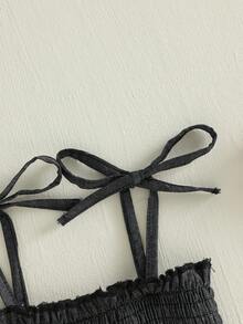 Newborn Baby Girl Denim Romper Dress Sleeveless Tie Up Shoulder Smocked Ruffle Bodysuit Summer Clothes - Black - View 6