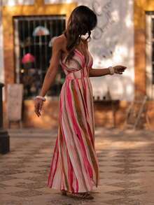 ZIMO Jasmine Rainbow Stripe Halter Dress, Waist Cinched Slim Fit Side Slit Maxi Dress, Romantic Fairy Vibe, Ideal For Commute, Travel Photoshoots & Vacations, Spring Summer Outfit - Red - View 5