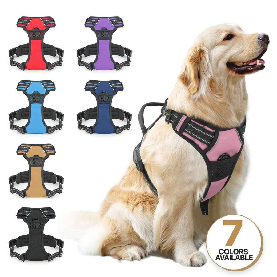 Reflective Dog Harness, No Pull Vest Harness With Handle, Adjustable Soft Padded Pet Harness For Large Dogs - 粉色 - 查看 1