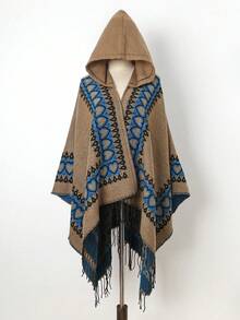 1pc Warm & Comfortable Heart Pattern Hooded Fringed Poncho Shawl - Multicolor - View 1