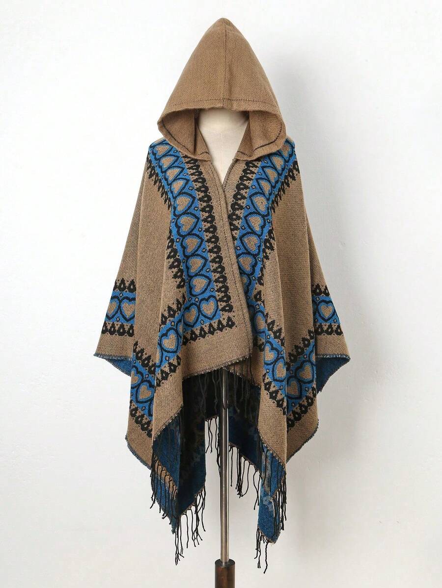 1pc Warm & Comfortable Heart Pattern Hooded Fringed Poncho Shawl - Multicolor - View 1