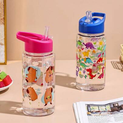 1pc 500ml Cute Animal Dinosaur Theme Capybara Cartoon Water Cup With Straw, Large Capacity Adorable Cup For Outdoor Sports, School