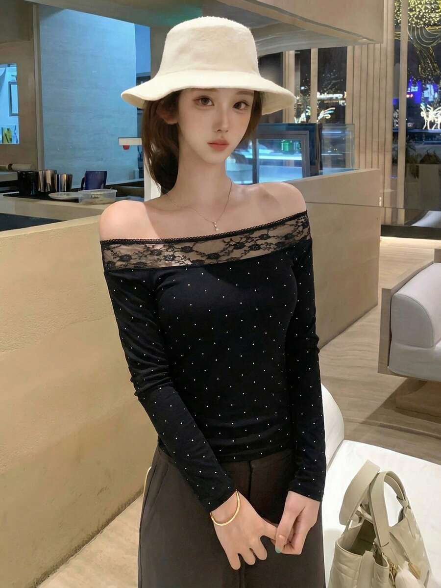 露肩蕾丝波点长袖T恤，时尚修身女款上衣 - 黑色 - 查看 1