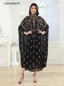 Luxury Women's Royal Black & Gold High Collar Sequin Embroidered Arabic Abaya Cloak Dress, Suitable For Parties, Weddings, Family Gatherings - Black - View 8