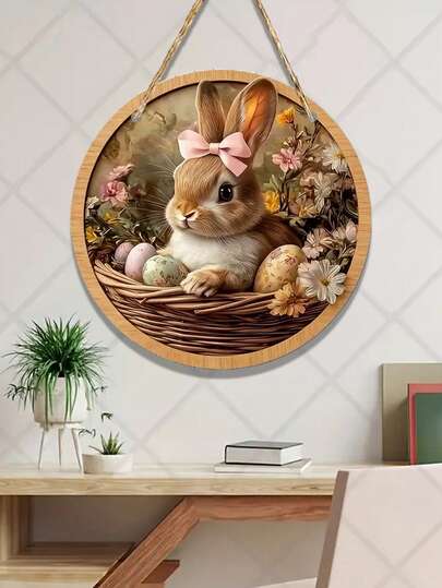 2D Flat, 1pc Bunny Wooden Hanging Ornament - Artificial Round Decoration With Bunny Ears & Paws, 2D-Printed For Home, Easter Egg Hunt, Spring - Lightweight -Free Suitable For Easter, Valentines, St Patrick's Day Decorations, 2D Flat