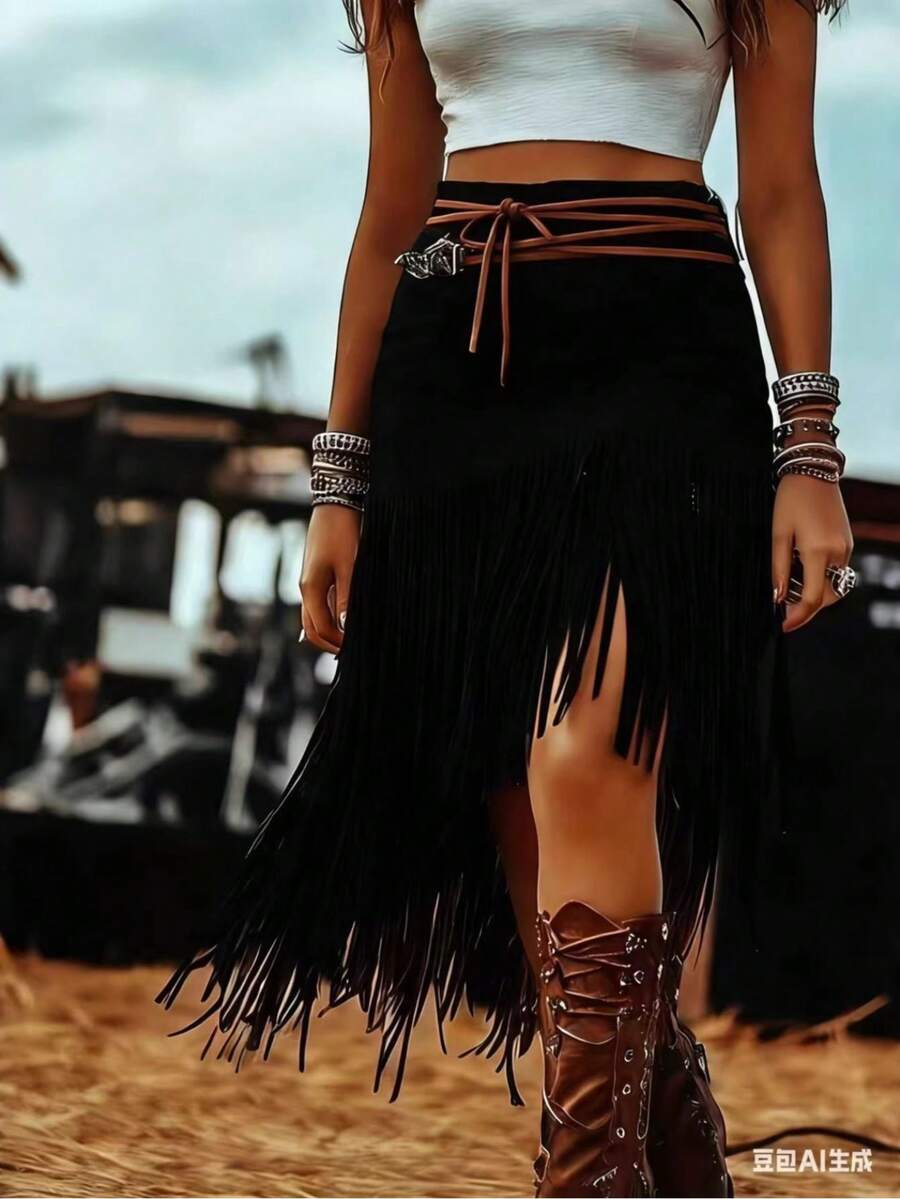 Women High Waist Fringe Midi Skirt Western Style Casual Bottoms - 黑色 - 查看 1