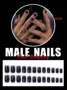 Bộ 24 móng tay giả vuông ngắn phong cách Ramadan, kiểu Punk với viền bạc và họa tiết hoa nở gradient xanh dương, móng giả ngắn màu nude bóng bẩy dành cho nam giới, bao gồm: 1 lọ keo dán móng và 1 dũa móng, dễ dàng sử dụng hàng ngày, móng giả kiểu Pháp, dụng cụ làm móng hàng ngày cho nam giới. - Nhiều màu - Xem 2