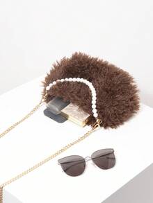 Metall Kette Umhängetasche, Perlen Tasche, Plüsch Geldbörse, elegante Damen Geldbörse, Damen Geschenk, geeignet für Valentinstag, Herbst/Winter, Y2K Stil, einzigartig, süß, täglich, Einkaufen, Dating - Braun - Übersicht 8