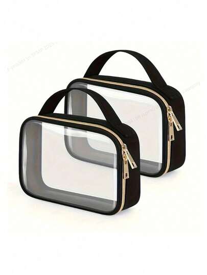 2/1pc Transparent PU Makeup Bag With Handle, Stylish Style, Quart Size Transparent Toiletries Storage Bag, Double Zipper PVC Makeup Bag, Meets TSA Aviation Carry On Standards, Ideal For Travel And Gifts