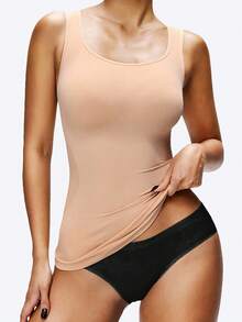 Camiseta interior sin costuras para mujer, control de abdomen, sin aros, tirantes anchos, transpirable, para yoga, fitness, casual, cómoda - Albaricoque - Ver 2