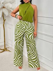 AIJ Amarilo 优雅度假两件套 - 女士无袖荷叶边纯色上衣和几何印花阔腿裤，春夏款 - 綠色 - 查看 3