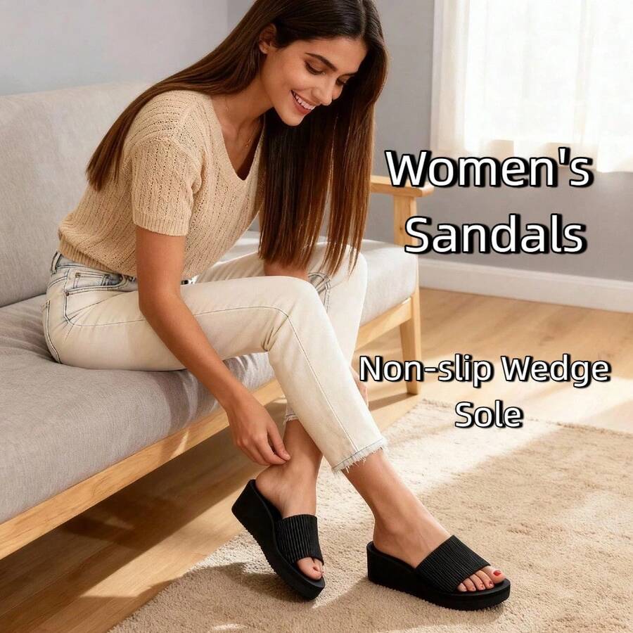 Women's Slippers - Women's Sandals - Ladies Black Woven Strap Wedge Heel Simple Thick Sole Slide Sandals - Comfortable Thick Sole Casual Daily Fashion Footwear - Black - View 1