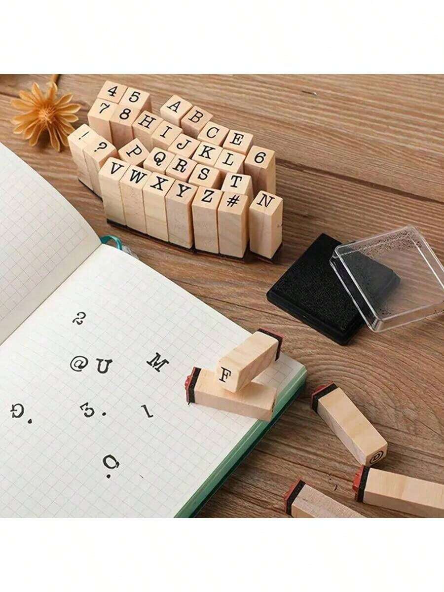 40pcs Wooden Rubber Stamps, Alphabet/Number Stamps Stamp Set For DIY Craft Scrapbook Card Making. Student Stationery. - Black - View 1