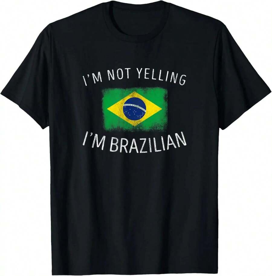 No estoy gritando, soy brasileño, camiseta gráfica divertida con bandera desgastada, camiseta de algodón estilo viaje - Negro - Ver 1