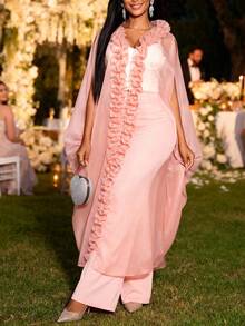 性感女士宽松露肩雪纺薄纱长裙，荷叶边开衫设计，抽绳腰带，适合婚礼宾客穿着 - 粉色 - 查看 11