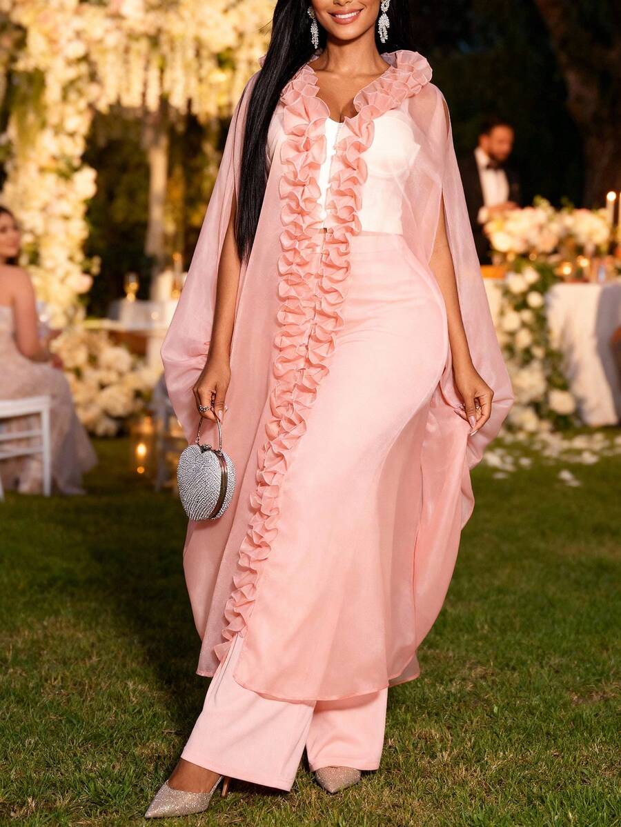 Sexy Women's Loose Off-Shoulder Chiffon Sheer Long Dress With Ruffle Trim Cardigan Design And Drawstring Waist, Suitable For Wedding Guests - Pink - View 1