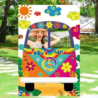 1pc Retro Hippie Floral Bus Photo Booth Decoration Backdrop, Size 39.4 X 59.1 Inch, Vintage Van Photo Frame, Birthday Party Photo Prop