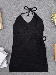 Đầm mini Yuwenier mùa hè gợi cảm, chất liệu dệt kim, cổ chữ V, hở lưng, dây mảnh, ôm eo, thắt eo bên hông, dành cho nữ, màu đen. - màu đen - Xem 7