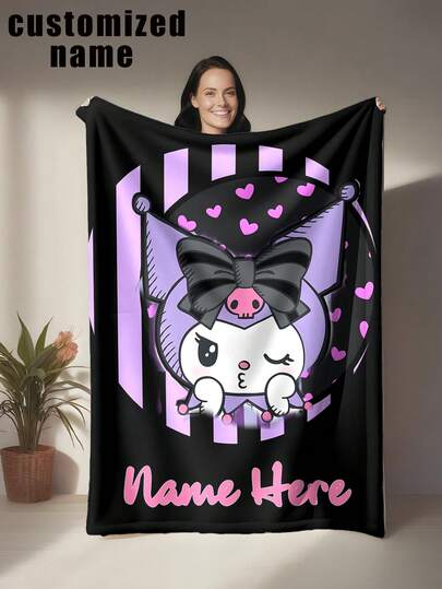 Sanrio 1 pieza Manta personalizada con tema de Kuromi, se puede personalizar con nombre, impresa con patrón de dibujos animados de Kuromi, estilo lindo y acogedor - Suave y cómoda, lavable a máquina, tela de poliéster impresa digitalmente, adecuada para sofá, cama, viaje, camping, sala de estar, oficina, asiento - Regalo ideal para familiares y amigos