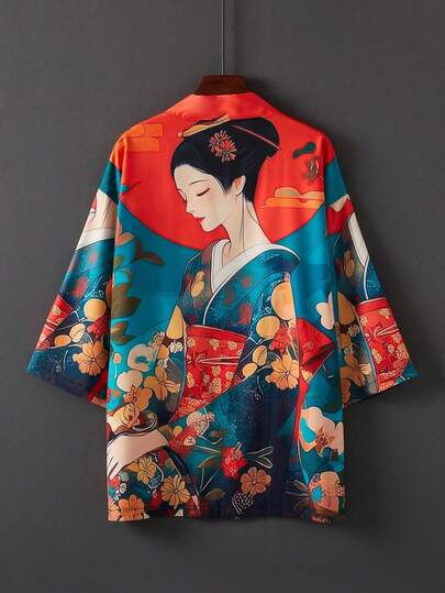 Japanese Vintage Loose Cartoon Girl 3D Print Kimono Cover Up, Summer Beach Resort Casual Outerwear, Traditional Jacket Top