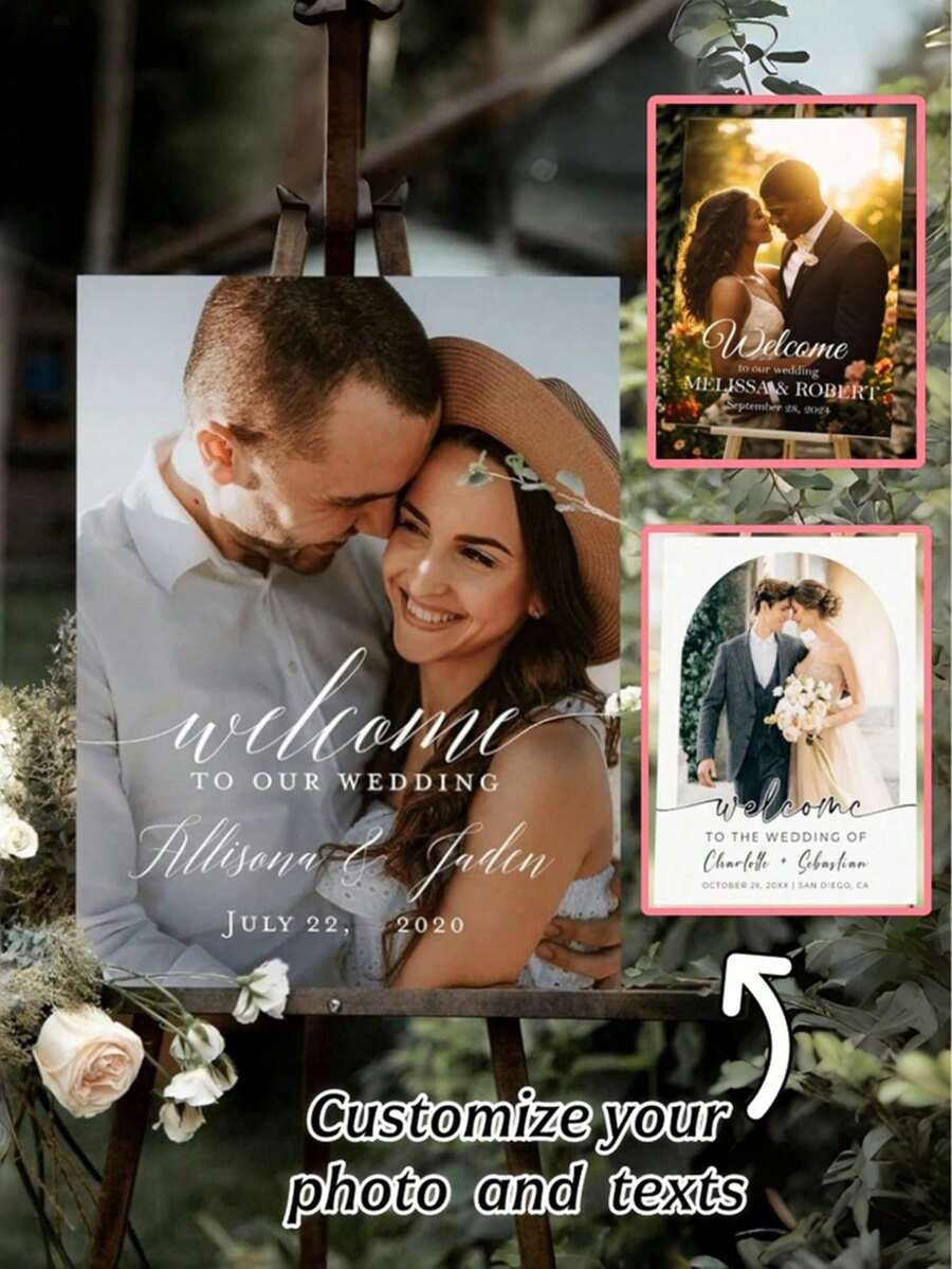 Personalized Wedding Welcome Sign - Customized Photo/Text, Elegant Calligraphy Letters And Name/Date - Wedding Invitation Poster - Wedding Decor, Photo Backdrop, Or Commemorative Gift - Indoor/Outdoor Use - Frameless Canvas Print - Wedding Party - Multicolor - View 1