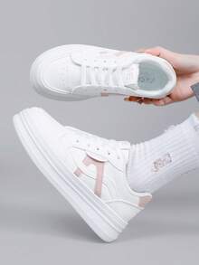 女士时尚厚底休闲运动鞋，百搭系带款，四季皆宜，白色休闲鞋 - 粉色 - 查看 4