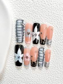 Bộ 10 miếng dán móng tay kiểu Pháp cổ điển, móng giả acrylic, họa tiết ngựa vằn xám trắng vẽ tay, họa tiết hoa 5 cánh màu xanh dương, họa tiết hoa 5 cánh màu trắng vẽ tay, sơn móng tay đen trắng, món quà lý tưởng cho phụ nữ và bé gái yêu thích nghệ thuật làm móng, bao gồm dụng cụ làm móng (1 miếng dán gel + 1 dũa móng). - Nhiều màu - Xem 4