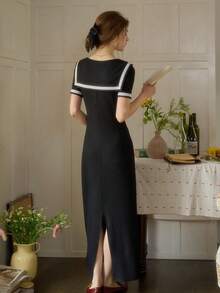 Simple Retro Women's Spring And Summer Models Navy Collar Front Middle Tie Knot Black And White Collision Romantic Elegant Retro Temperament Slim Short-Sleeved MIDI Dresses - Black - View 2