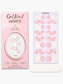 16Pcs French Semi-Cured Gel Nail Stickers, Pink Golden Star UV Gel Nail Stickers Salon-Quality, Easy To Apply And Remove, Suitable For Women's Home DIY Manicure. Nails Nail Supplies - Pink - View 8