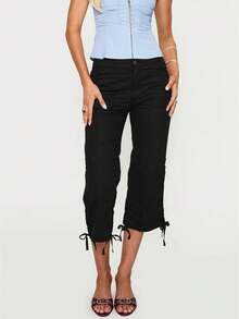 Women's Black Cropped Cargo Pants, Y2K Low Rise Ruched Capris With Bow Tie Hem - 黑色 - 查看 1