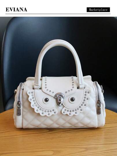 Niche Design Owl-Shaped Women's Boston Pillow Bag, 2026 New Fashion High-End Quilted Solid Color Commuter Handbag For Women, Heavy-Duty Rivet Luxury Personalized Large Capacity Shoulder Crossbody Bag