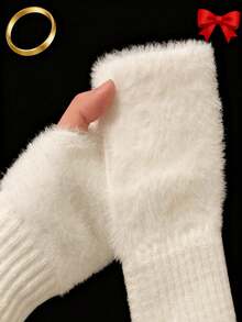 1piar Fashionable Minimalist Women's Fingerless Gloves Premium Soft Knit Fabric Plush Lined White Color Half-Finger Warm Winter Gloves Solid-Color Versatile Student-Friendly Lightweight 20g Cozy Stretchable Suitable For Home Daily Commute Travel Outdoor Business Trips Parties Gatherings Gifting Perfect Gift For Juniors Couples Spouses Colleagues Friends Elders Kids Classmates Teachers Limited To 1PC Per Customer Great For Keeping Hands Warm Ensuring Finger Dexterity And Adding Timeless Style To Winter Outfits - 白色 - 查看 8