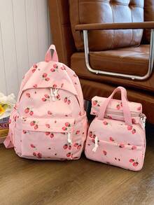 3pcs Strawberry Print Backpack Set, Including Backpack, Lunch Bag And Pencil Case, With Laptop Compartment, Adjustable Straps And Multiple Pockets, High Capacity Student Backpack, Multipurpose Daily Bag, Suitable For Girls/College Students/Graduates For Daily Use/Vacation/Travel/Back To School - Multicolor - View 14
