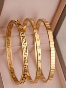3 chiếc/1 chiếc Vòng tay thép không gỉ họa tiết hoa cúc thời trang và thanh lịch, thích hợp để đeo hàng ngày, xếp chồng, làm phụ kiện cho lễ hội âm nhạc và tiệc tùng - Vàng - Xem 7