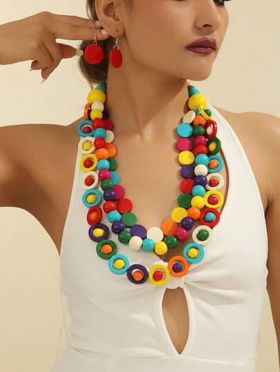 1 Set Handmade Multi-Layer Exaggerated Wooden Bead Necklace, Boho Style Bib Necklace For Women, Suitable For Beach, Party, Middle Eastern Formal Events, Beautiful Jewelry Necklace & Earrings