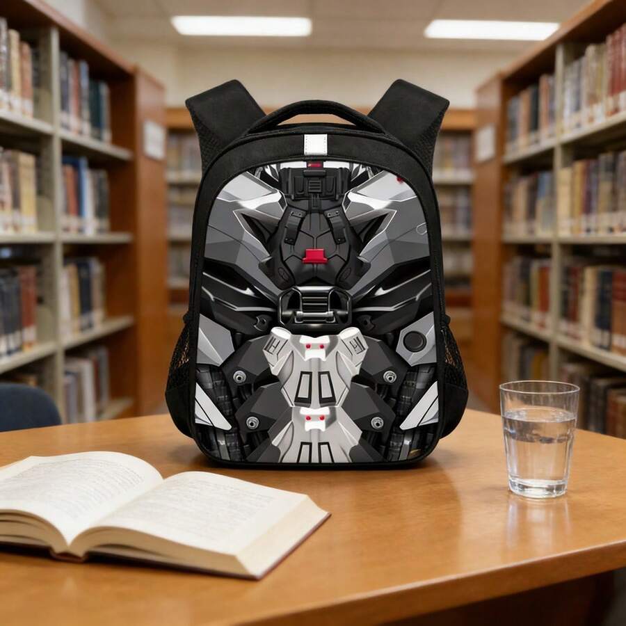 A Black Backpack With Reflective Stripes, Featuring A Cyberpunk Pattern, Made Of Wear-Resistant Polyester Fiber Fabric, With Breathable Shoulder Straps And Side Mesh Pockets Suitable For Back To School, Daily Office, Back To Campus, Birthday Gifts, Etc. - A - View 1