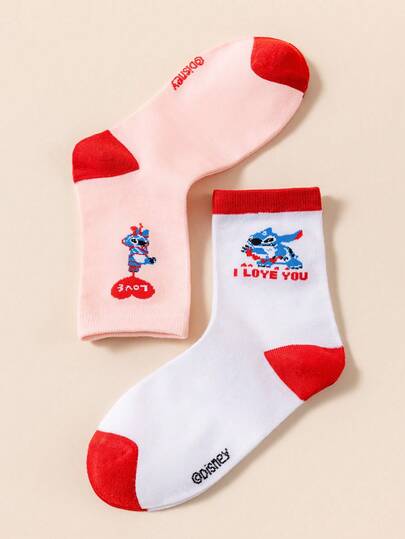 Disney זוג וחצי גרביים לנשים/גברים/זוג, עיצוב דוגמא מצוירת חמודה, פסים/לב/אותיות אהבה, גרביים אופנתיות רכות ונושמות בהתאמה אישית, מתאים ללבישה יומיומית, חגים, מסיבות, ספורט, חופשה