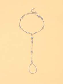 1pc Silver Star Linked Finger Chain Bracelet Ring Set, Summer Elegant Rhinestone Jewelry - Silver - View 2