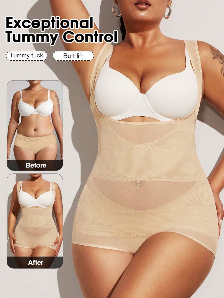 1pc Plus Size Women Breathable Mesh Waist Cincher Bodysuit, Body Shaper