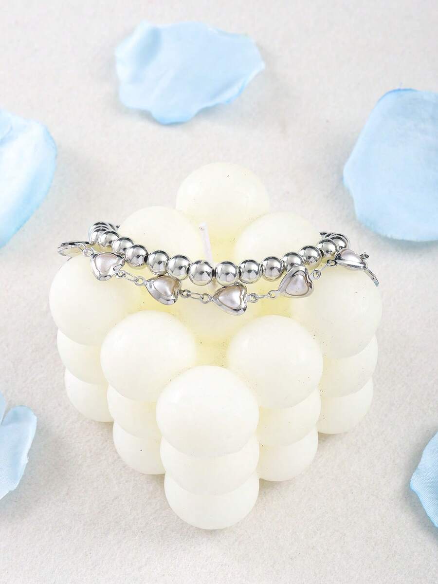 1 Set (2pcs) Fashionable & Elegant Beaded Bracelet, Heart & Faux Pearl Bracelet Set, Suitable For Dates, Valentine's Day Gift, Girlfriend - Silver - View 1