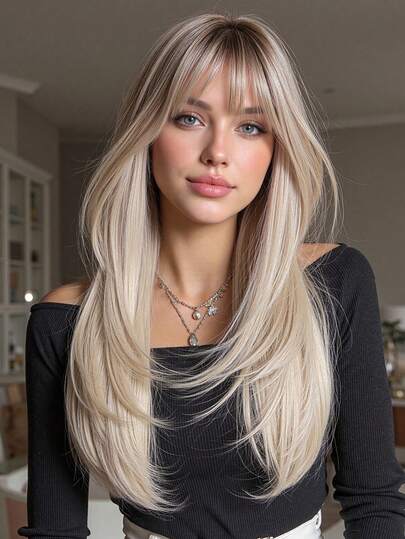 26 Inch Golden Straight Wig With Bangs, Made Of Synthetic Braided Fiber Material, Elegant For Daily Wear, Suitable For Dates, Parties, Photo Shoots, Social Gatherings, And Birthdays