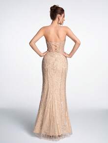 Đầm dạ hội Anymoon sang trọng mạ vàng, chất liệu ren, đính sequin và đá quý, không dây vai, kiểu corset hở lưng, thắt nơ, dáng đuôi cá, phù hợp cho các dịp trang trọng, dự tiệc cưới, dạ hội, lễ tốt nghiệp, thảm đỏ, lễ trưởng thành, tiệc gala. - Rượu sâm banh - Xem 3