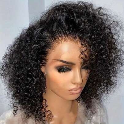 Pre-Plucked Lace Front Wavy Short Bob Wig, Brazilian Virgin Human Hair Wig For Women, Deep Curly Pre-Trimmed Lace Front Wig, Everyday Wear & Cosplay Wig, Heat Resistant Synthetic Fiber, Black