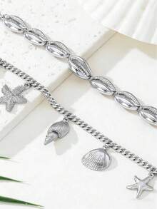 1 Set Fashionable Multi-Layer Chain & Shell Anklet, Women Summer Beach Holiday Gift - Silver - View 2