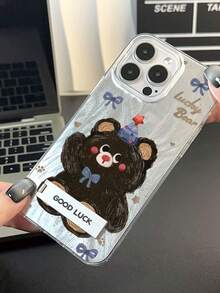1pc Silver Feather Tulle Cute Cartoon Full Coverage Phone Case With Bow Tie Bear & 3D Metal Stand, Fit For IPhone 11/12/13/14/15/16/17/Pro Max - Silver - View 2