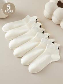 5双白色女士短袜，饰有蝴蝶结和小狗刺绣，薄款休闲踝袜，适合日常穿着 - 白色 - 查看 2