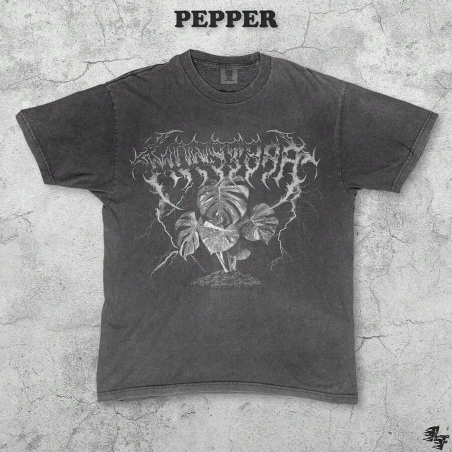 Camiseta de Planta Monstera de Metal Negro, Estilo de Banda Deathcore, Camiseta Gráfica Botánica, Regalo de Papá de Planta Gótica, Hoja Grunge Vintage, Camiseta Unisex para Adultos - Blanco y negro(no personalizable) - Ver 1